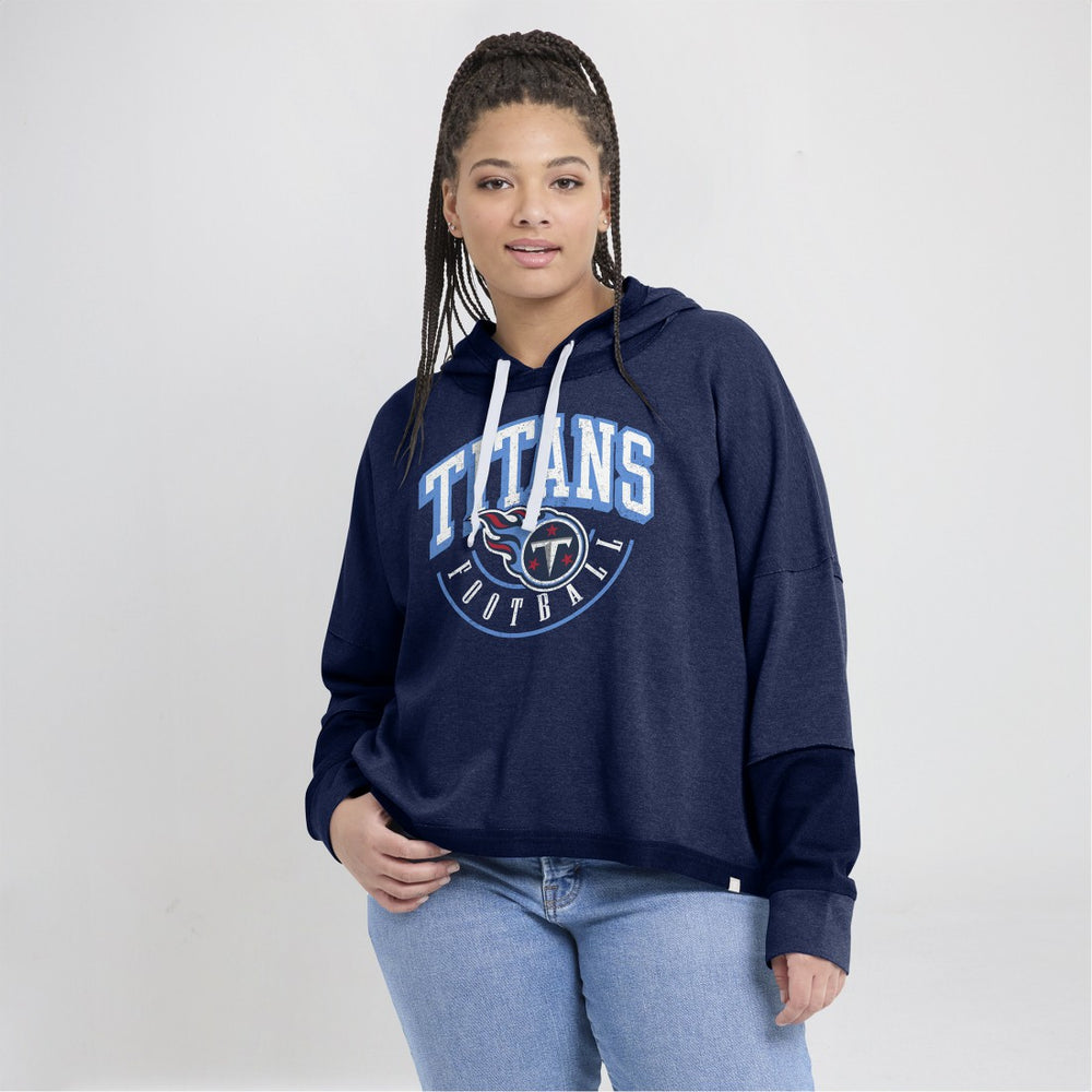 Tennessee Titans Women's Lightewight Modest Crop Lounge Helmet Arch Pullover Hoodie Navy