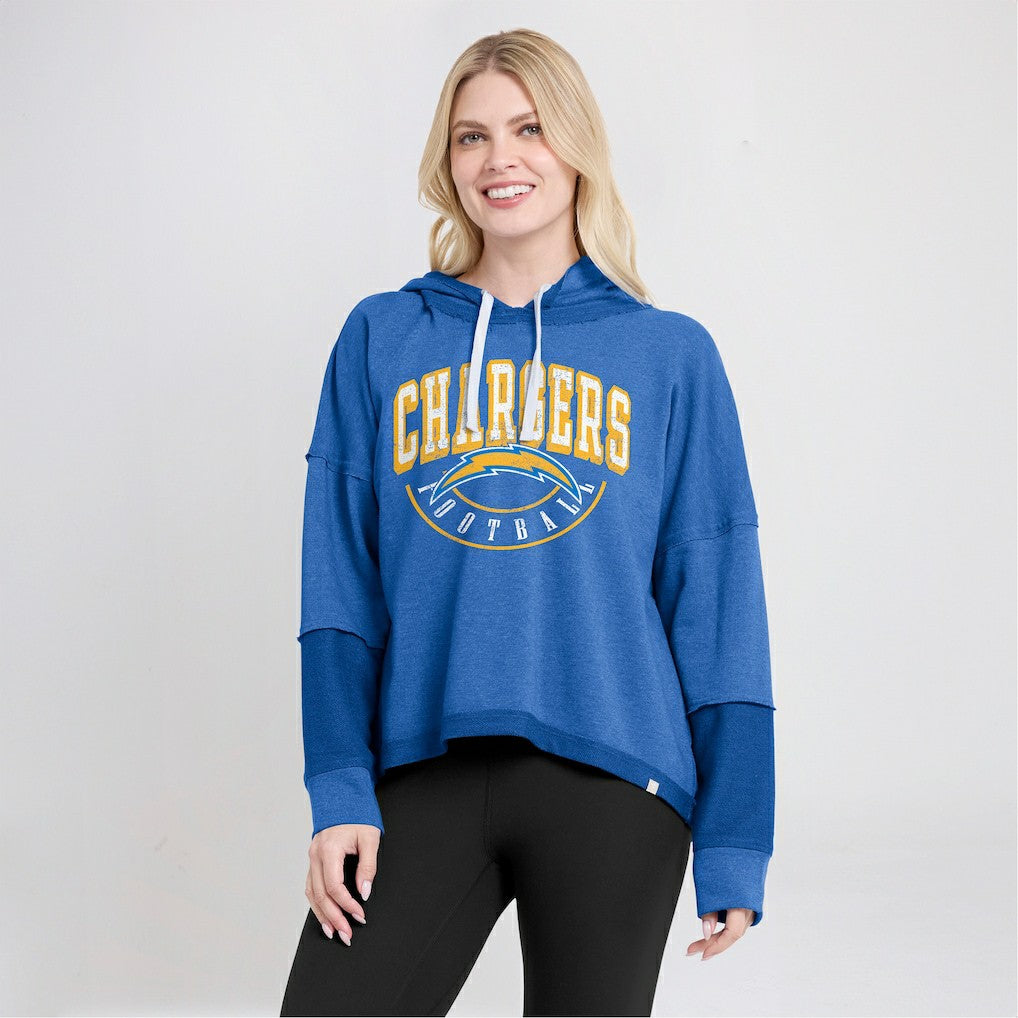 Los Angeles Chargers Women's Lightewight Modest Crop Lounge Helmet Arch Pullover Hoodie Powder Blue