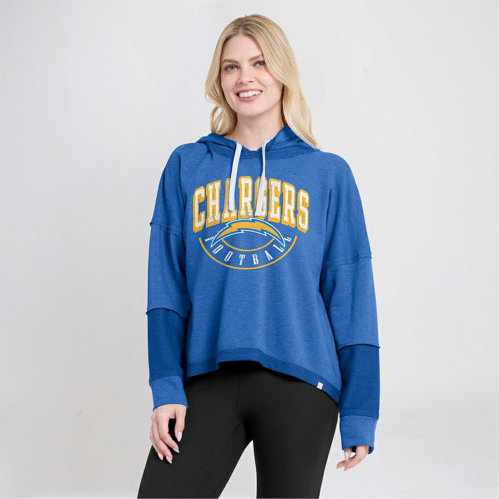 Los Angeles Chargers Women's Lightewight Modest Crop Lounge Helmet Arch Pullover Hoodie Powder Blue