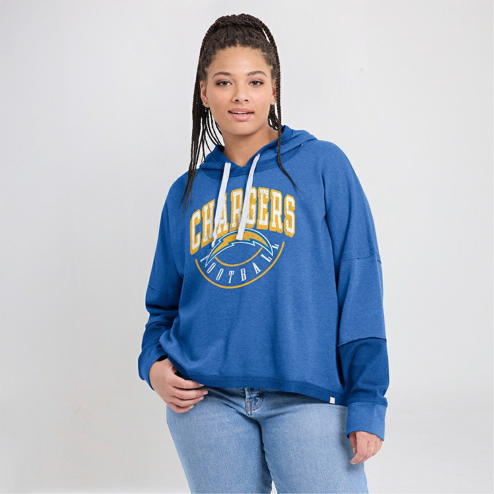 Los Angeles Chargers Women's Lightewight Modest Crop Lounge Helmet Arch Pullover Hoodie Powder Blue
