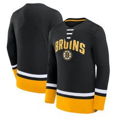 NHL Boston Bruins Fanatics Back Pass Lace-Up Long Sleeve T-Shirt - Black
