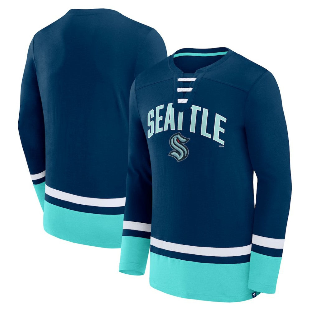 NHL Seattle Kraken Fanatics Back Pass Lace-Up Long Sleeve T-Shirt - Deep Sea Blue