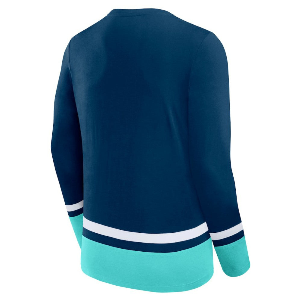 NHL Seattle Kraken Fanatics Back Pass Lace-Up Long Sleeve T-Shirt - Deep Sea Blue