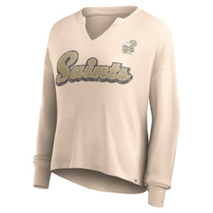New Orleans Saints Women's Go For It Notch Neck Waffle Knit Lightweight Long Sleeve T-Shirt Tan