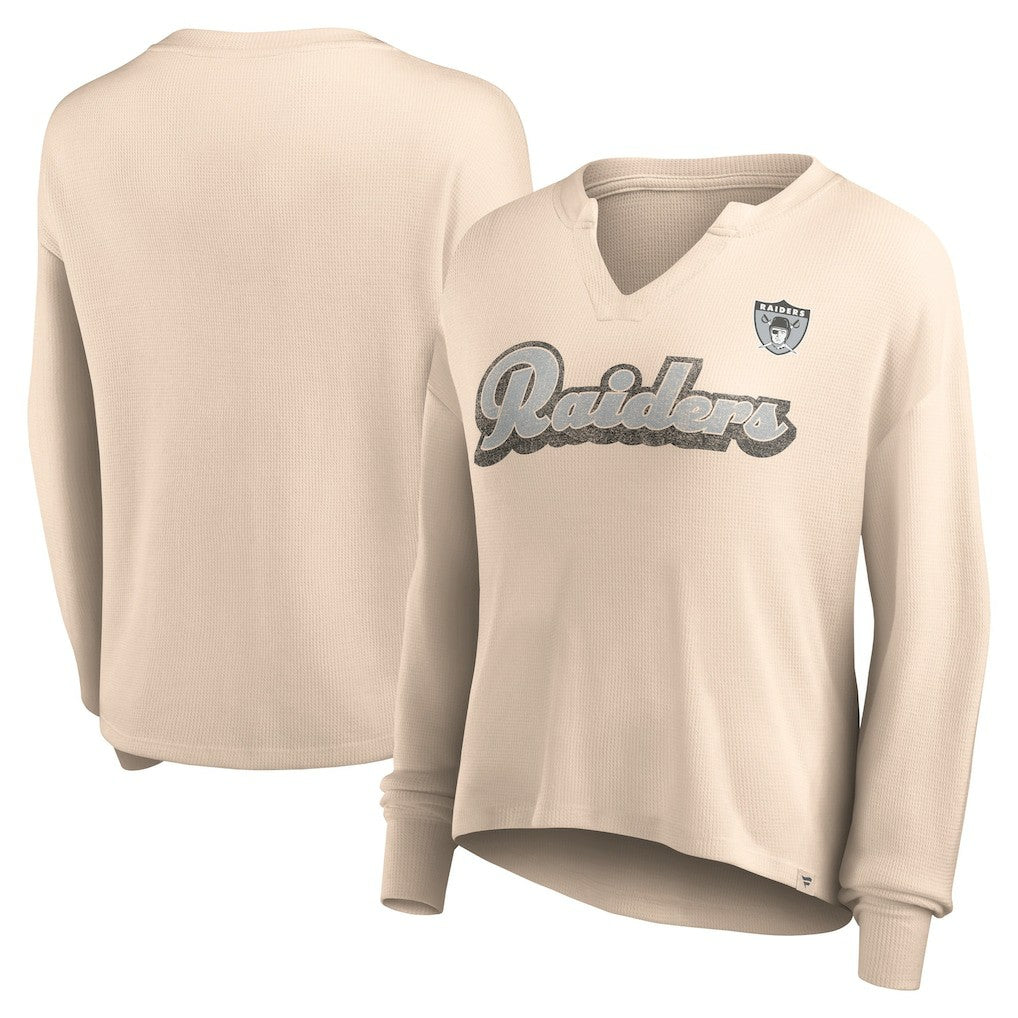 Las Vegas Raiders Women's Go For It Notch Neck Waffle Knit Lightweight Long Sleeve T-Shirt Tan