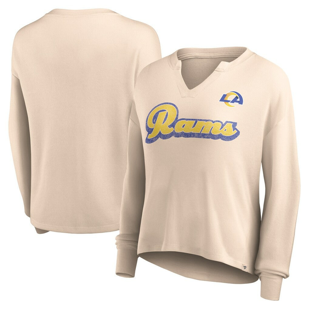 Los Angeles Rams Women's Go For It Notch Neck Waffle Knit Lightweight Long Sleeve T-Shirt Tan