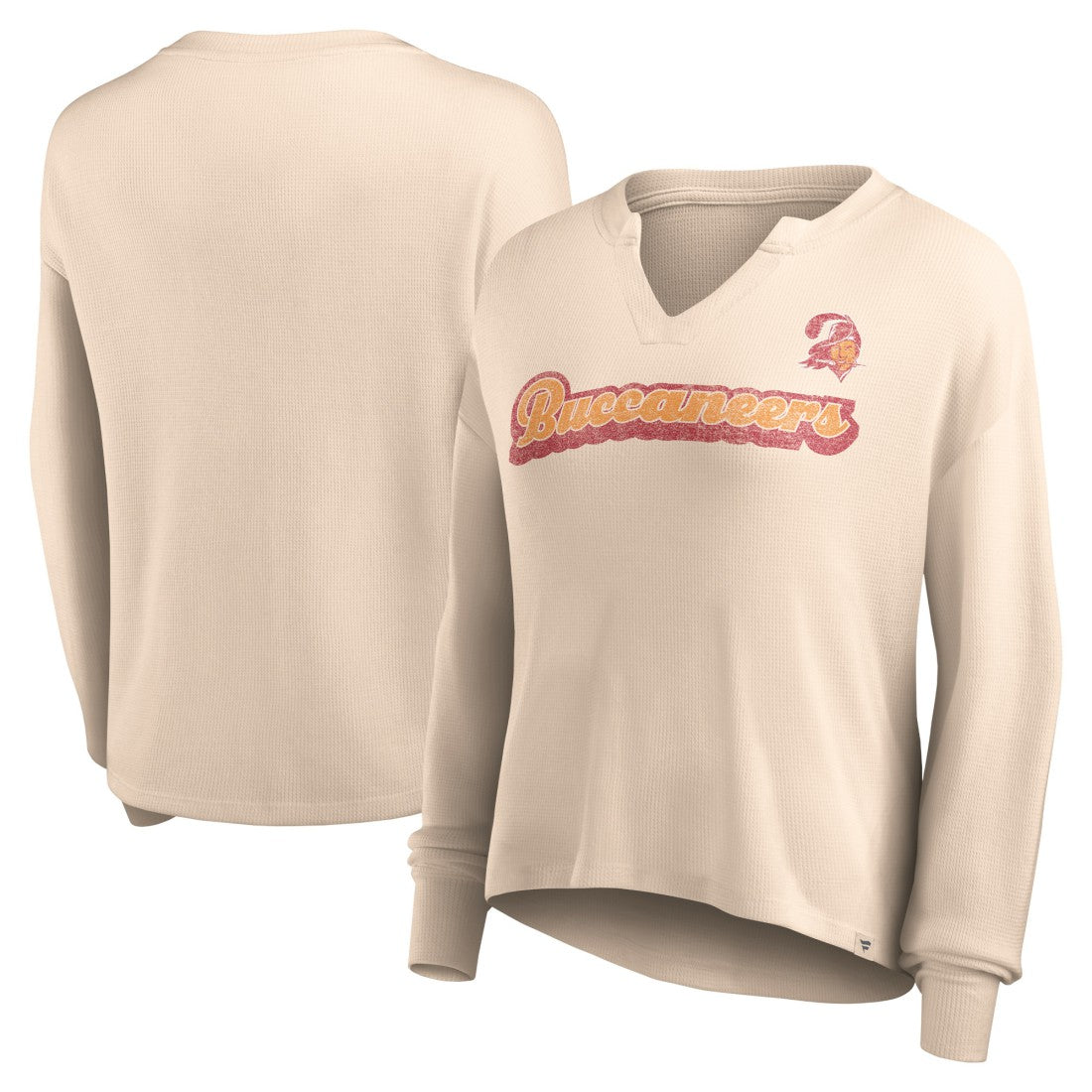 Tampa Bay Buccaneers Women's Go For It Notch Neck Waffle Knit Lightweight Long Sleeve T-Shirt Tan