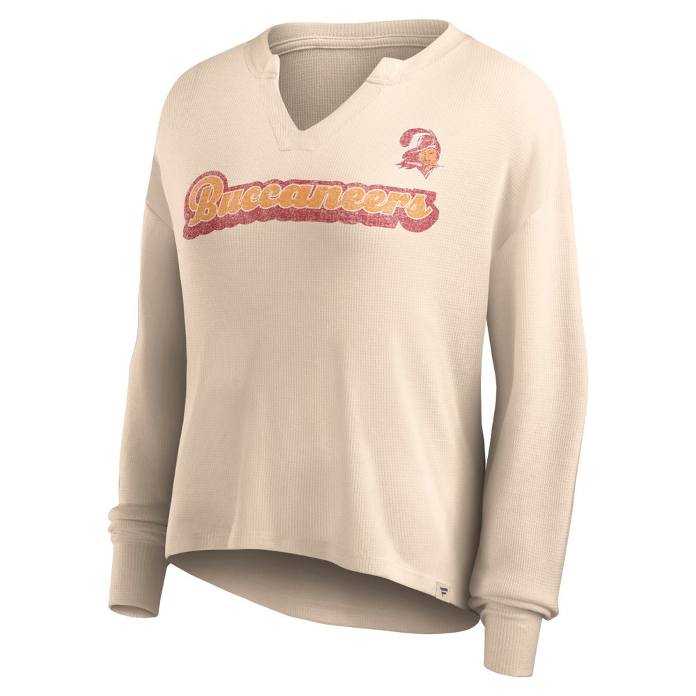 Tampa Bay Buccaneers Women's Go For It Notch Neck Waffle Knit Lightweight Long Sleeve T-Shirt Tan