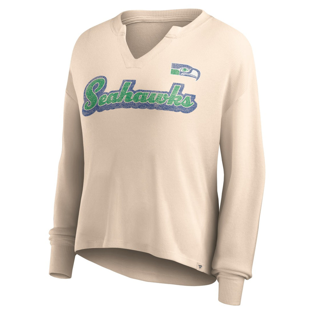 Seattle Seahawks Women's Go For It Notch Neck Waffle Knit Lightweight Long Sleeve T-Shirt Tan