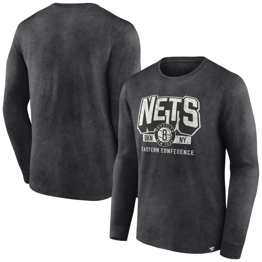Brooklyn Nets Front Court Press Snow Wash Long Sleeve T-Shirt Heather Charcoal