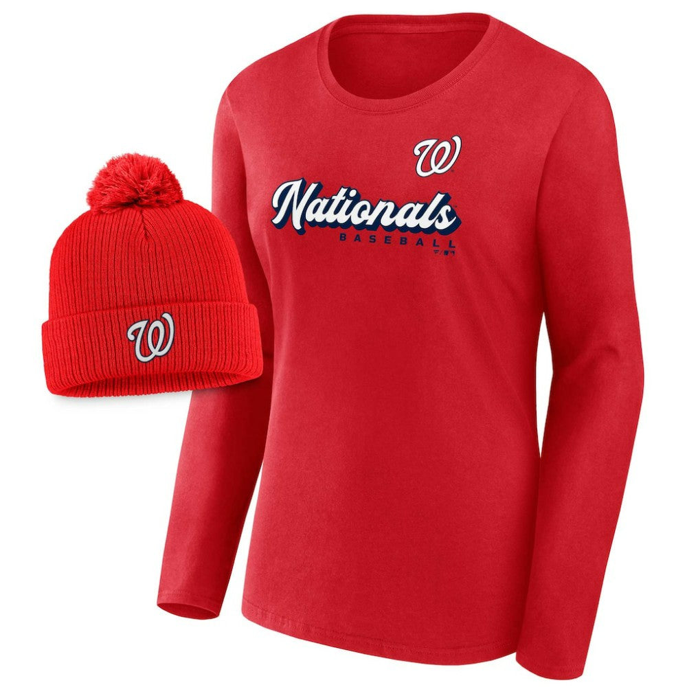 Washington Nationals Fanatics Women's Run The Bases Long Sleeve T-Shirt & Cuffed Knit Hat with Pom Combo Set - Red Hats