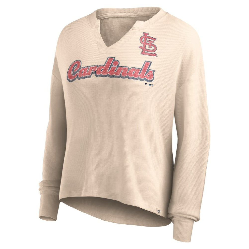 St. Louis Cardinals Fanatics Women's Go For It Waffle Knit Long Sleeve Notch Neck T-Shirt - Cream T-shirts