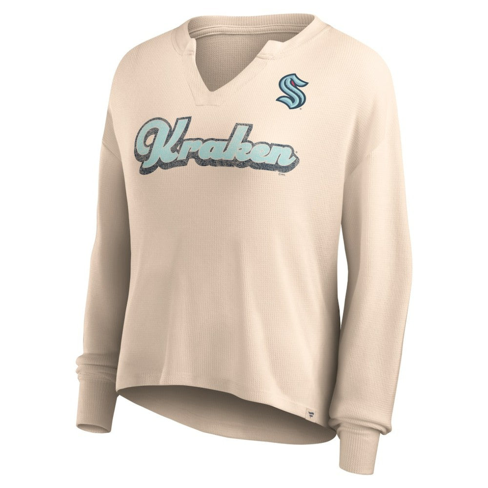 NHL Seattle Kraken Fanatics Women's Go For It Notch Neck Waffle Knit Long Sleeve T-Shirt - Oatmeal