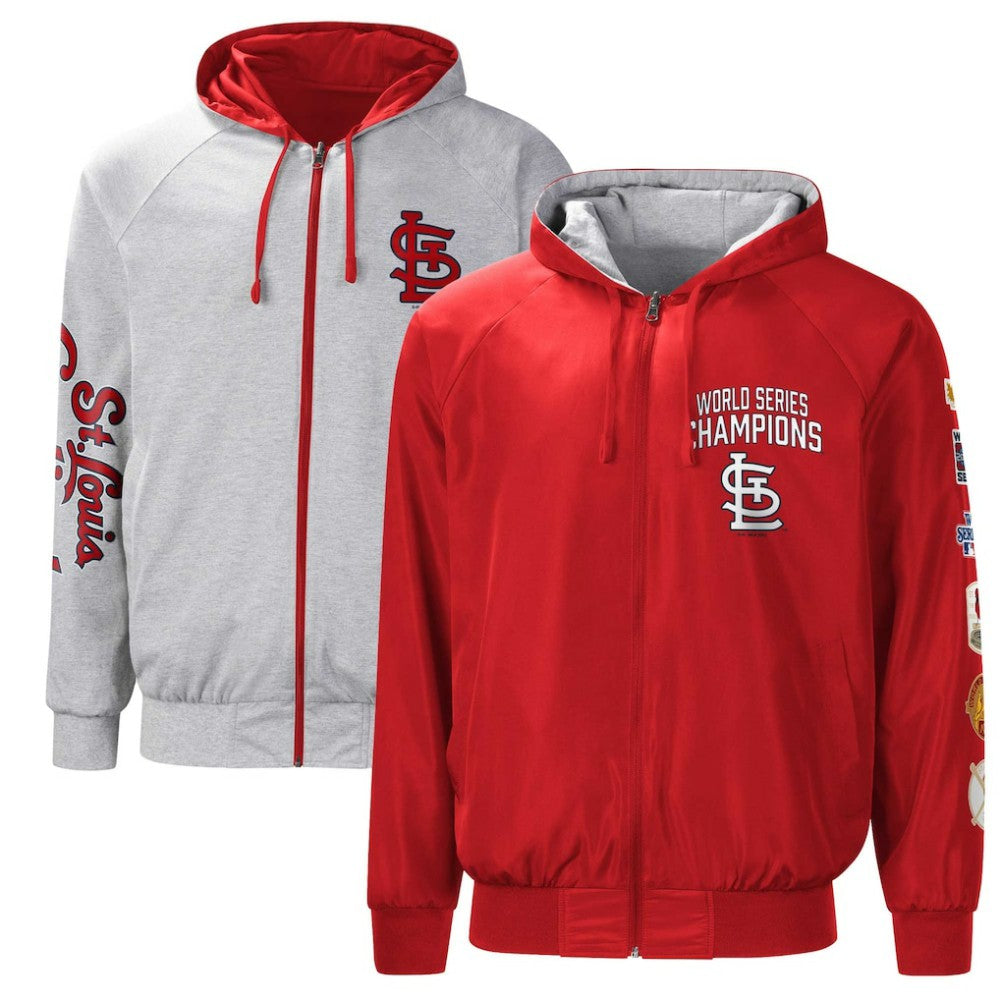 St. Louis Cardinals G-III Sports by Carl Banks Southpaw Reversible Raglan Hoodie Full-Zip Jacket - Red/Heather Gray Jackets