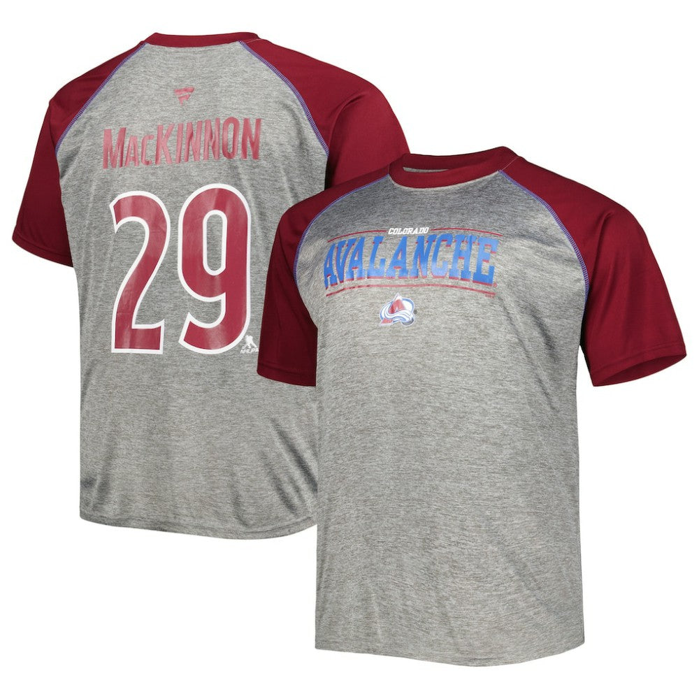 NHL Nathan MacKinnon Colorado Avalanche Fanatics Big & Tall Contrast Raglan Name & Number T-Shirt - Heather Gray/Burgundy