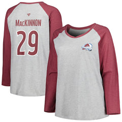 NHL Nathan MacKinnon Colorado Avalanche Fanatics Women's Plus Size Name & Number Raglan Long Sleeve T-Shirt - Heather Gray/Heather Burgundy