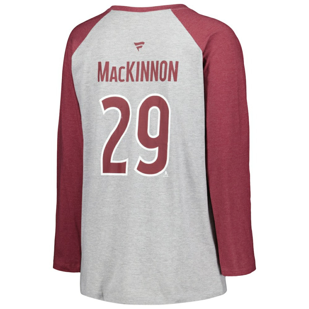 NHL Nathan MacKinnon Colorado Avalanche Fanatics Women's Plus Size Name & Number Raglan Long Sleeve T-Shirt - Heather Gray/Heather Burgundy