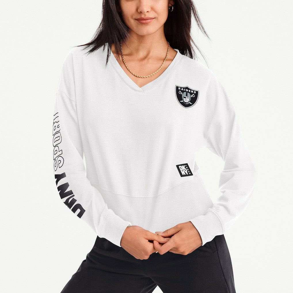Las Vegas Raiders DKNY Sport Women's Lily V-Neck Pullover Sweatshirt White