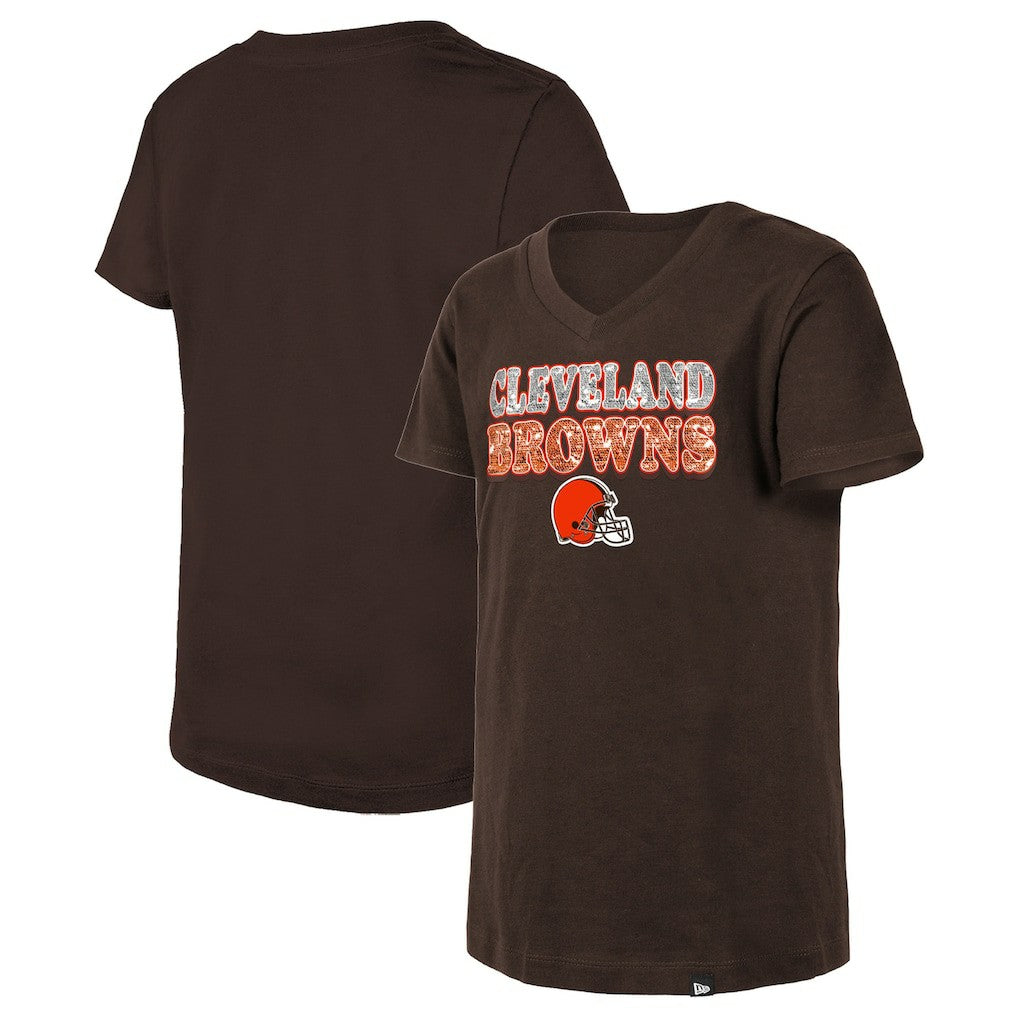 Cleveland Browns New Era Girls Youth Reverse Sequin V-Neck T-Shirt Brown