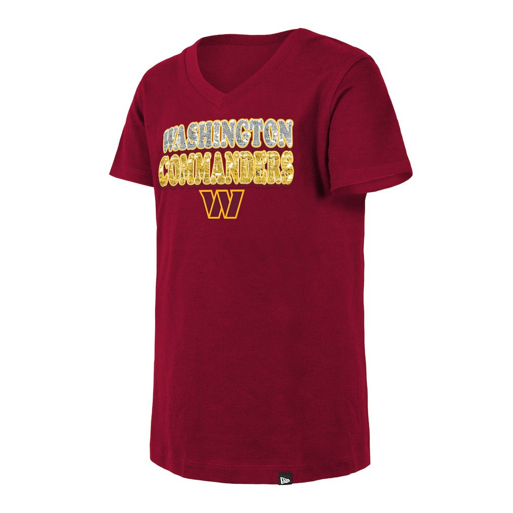 Washington Commanders New Era Girls Youth Reverse Sequin V-Neck T-Shirt Burgundy