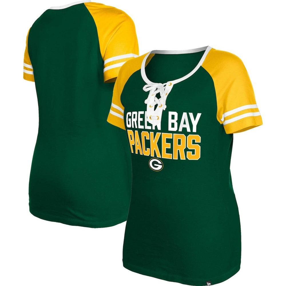 Green Bay Packers New Era Women's Raglan Lace-Up T-Shirt Green