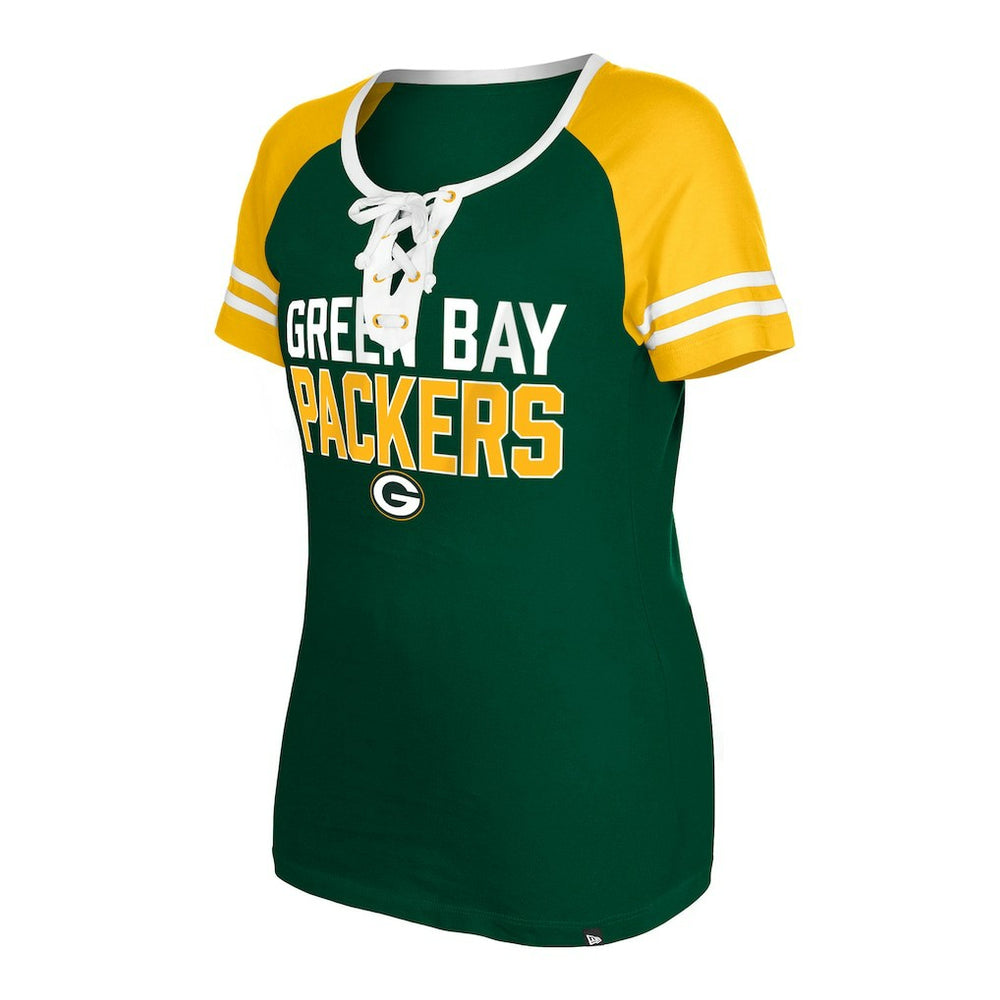Green Bay Packers New Era Women's Raglan Lace-Up T-Shirt Green