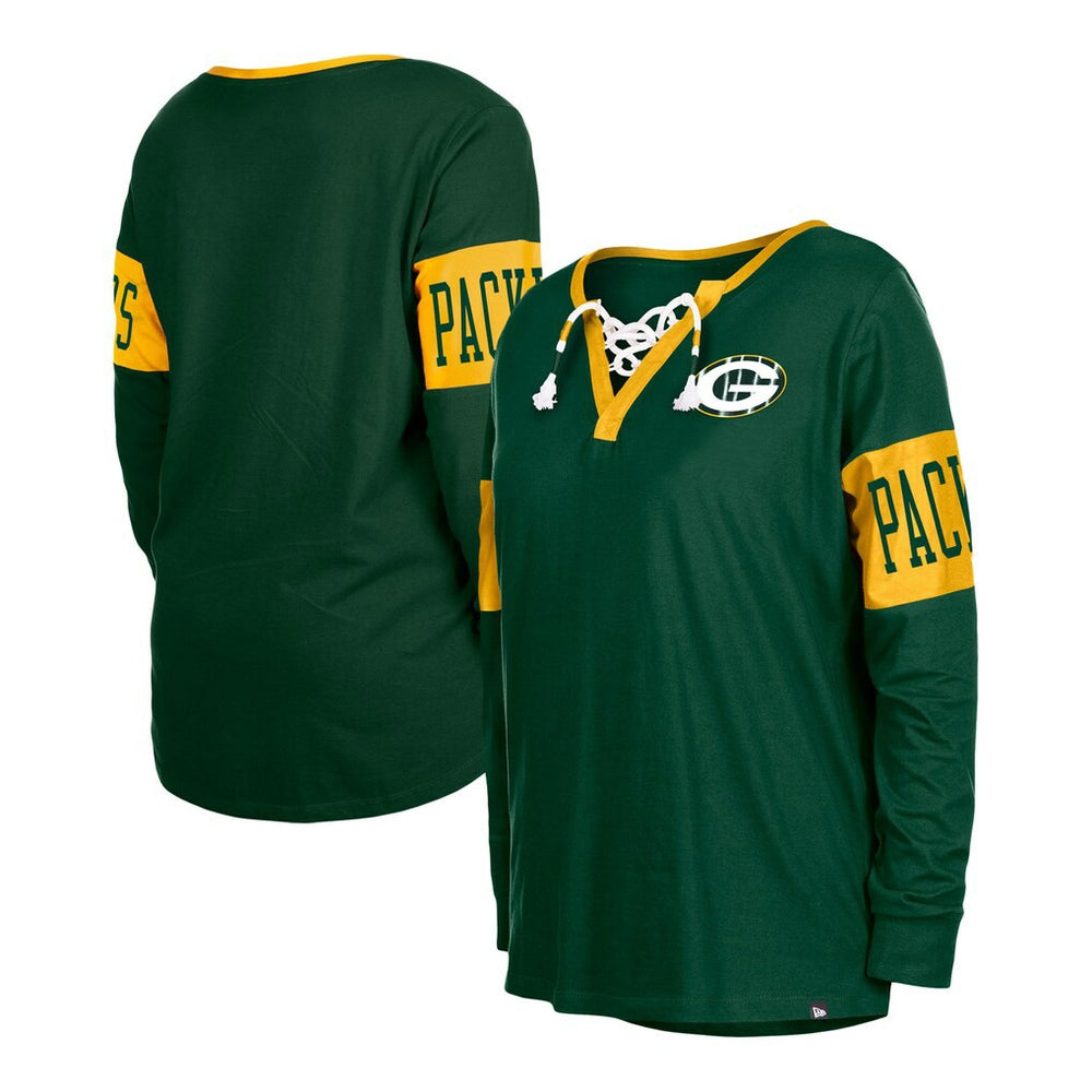 Green Bay Packers New Era Women's Lace-Up Notch Neck Long Sleeve T-Shirt Green