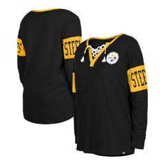 Pittsburgh Steelers New Era Women's Lace-Up Notch Neck Long Sleeve T-Shirt Black