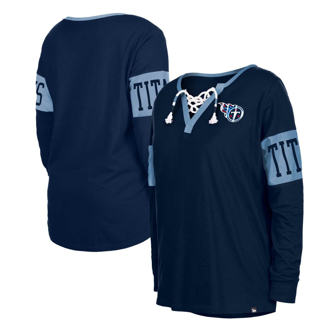 Tennessee Titans New Era Women's Lace-Up Notch Neck Long Sleeve T-Shirt Navy