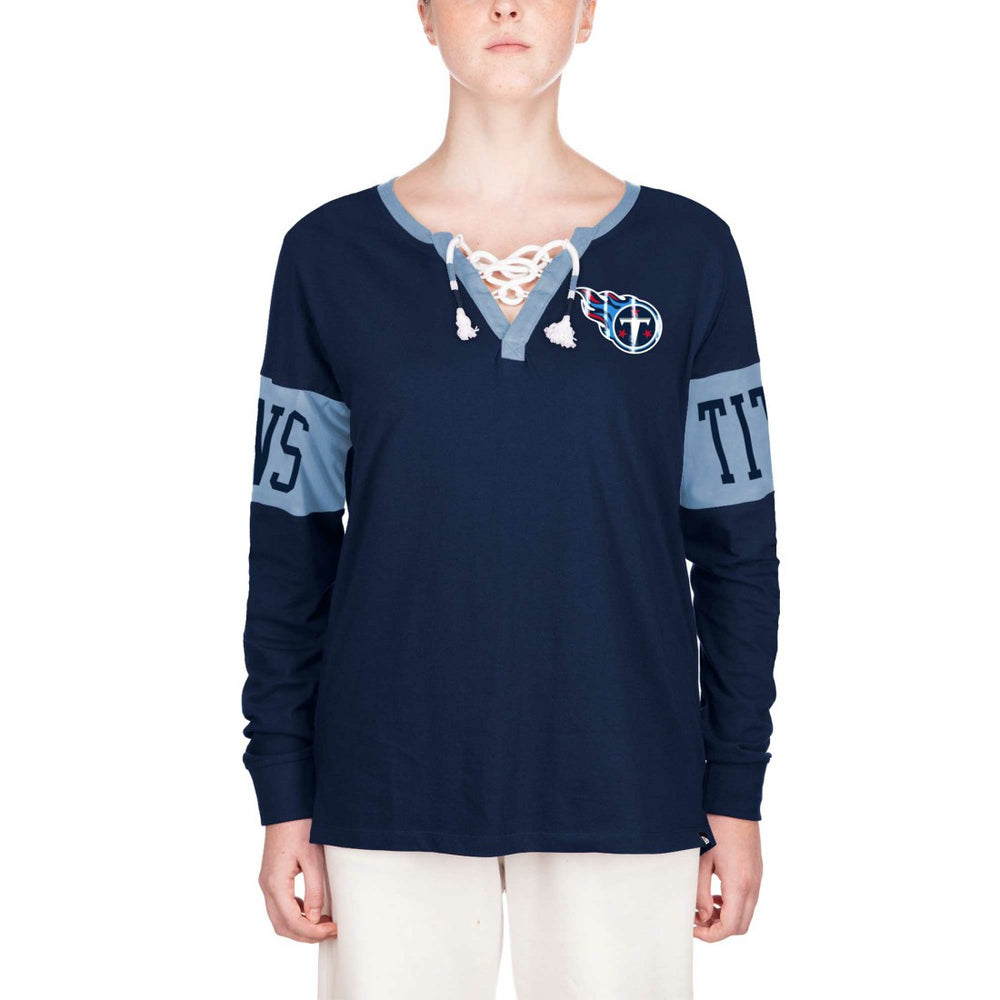 Tennessee Titans New Era Women's Lace-Up Notch Neck Long Sleeve T-Shirt Navy
