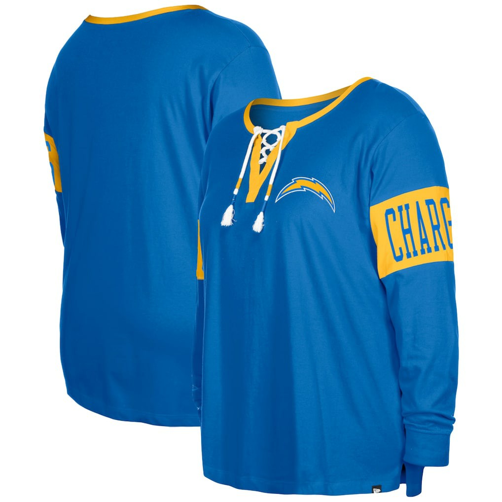 Los Angeles Chargers New Era Women's Plus Size Lace-Up Notch Neck Long Sleeve T-Shirt Powder Blue