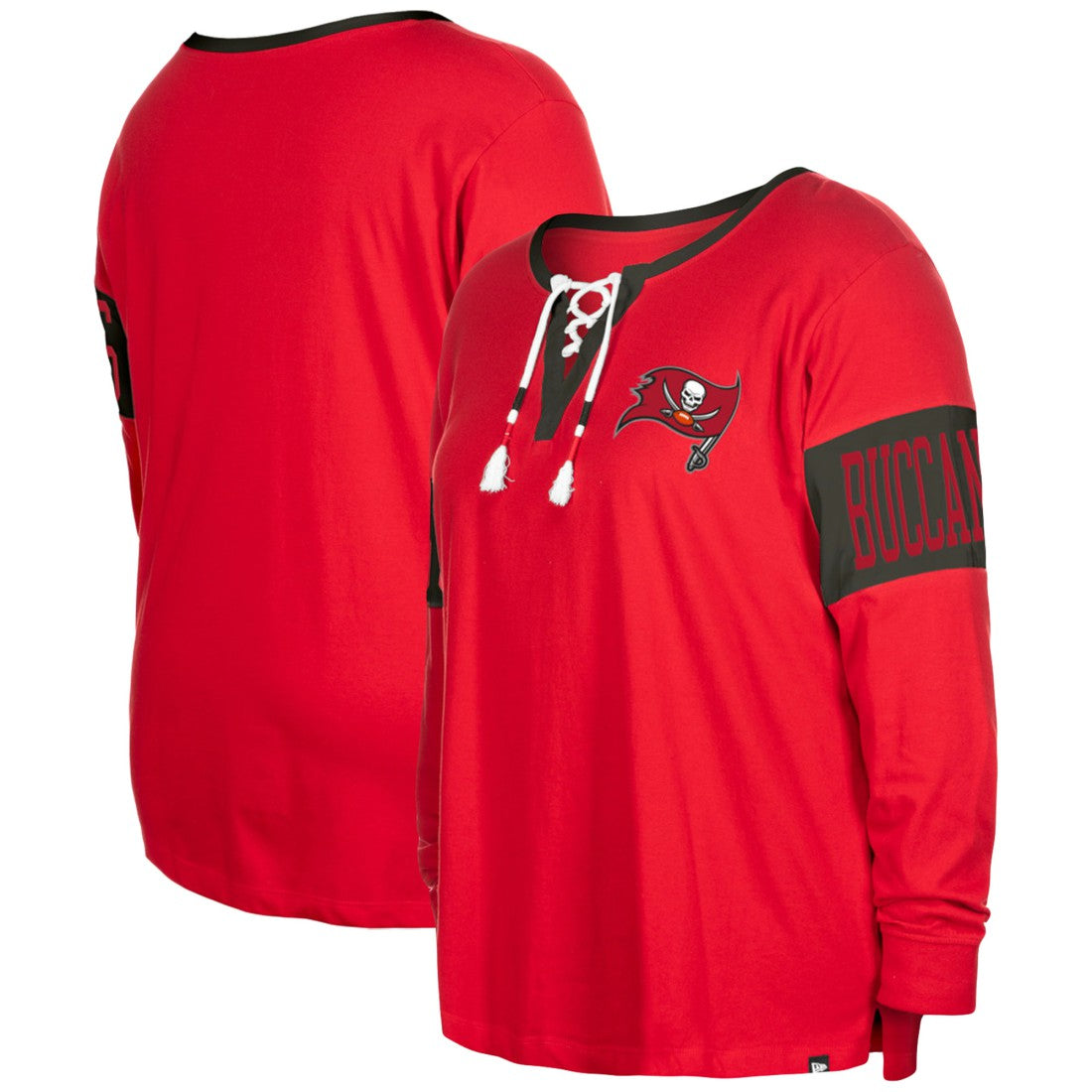 Tampa Bay Buccaneers New Era Women's Plus Size Lace-Up Notch Neck Long Sleeve T-Shirt Red