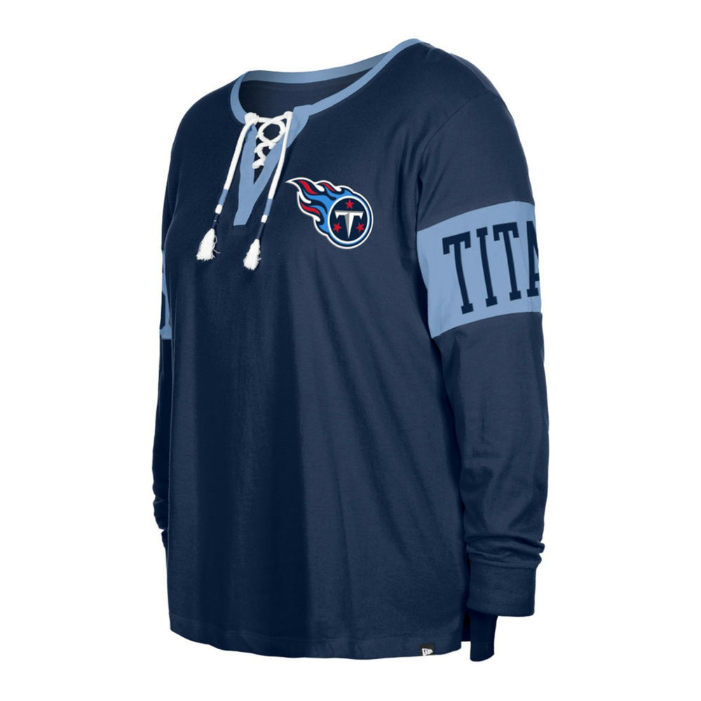 Tennessee Titans New Era Women's Plus Size Lace-Up Notch Neck Long Sleeve T-Shirt Navy