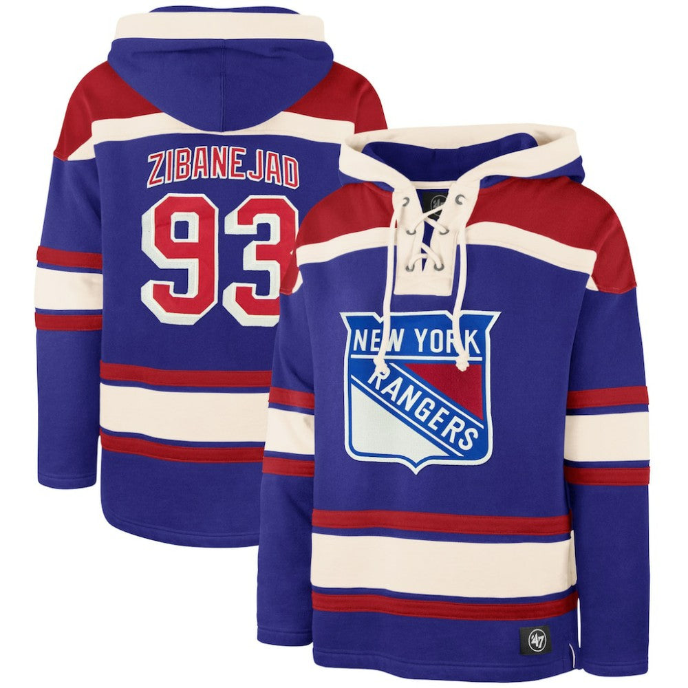 NHL Mika Zibanejad New York Rangers '47 Player Name & Number Lacer Pullover Hoodie - Blue