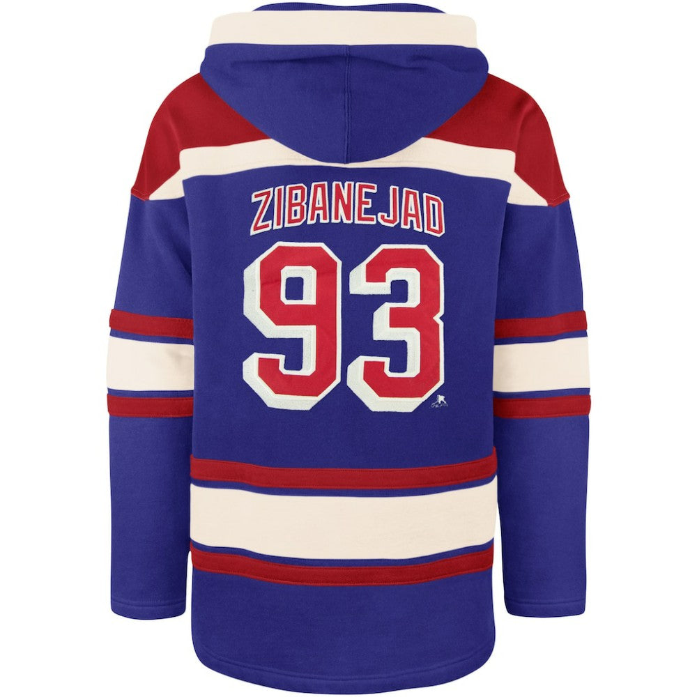 NHL Mika Zibanejad New York Rangers '47 Player Name & Number Lacer Pullover Hoodie - Blue
