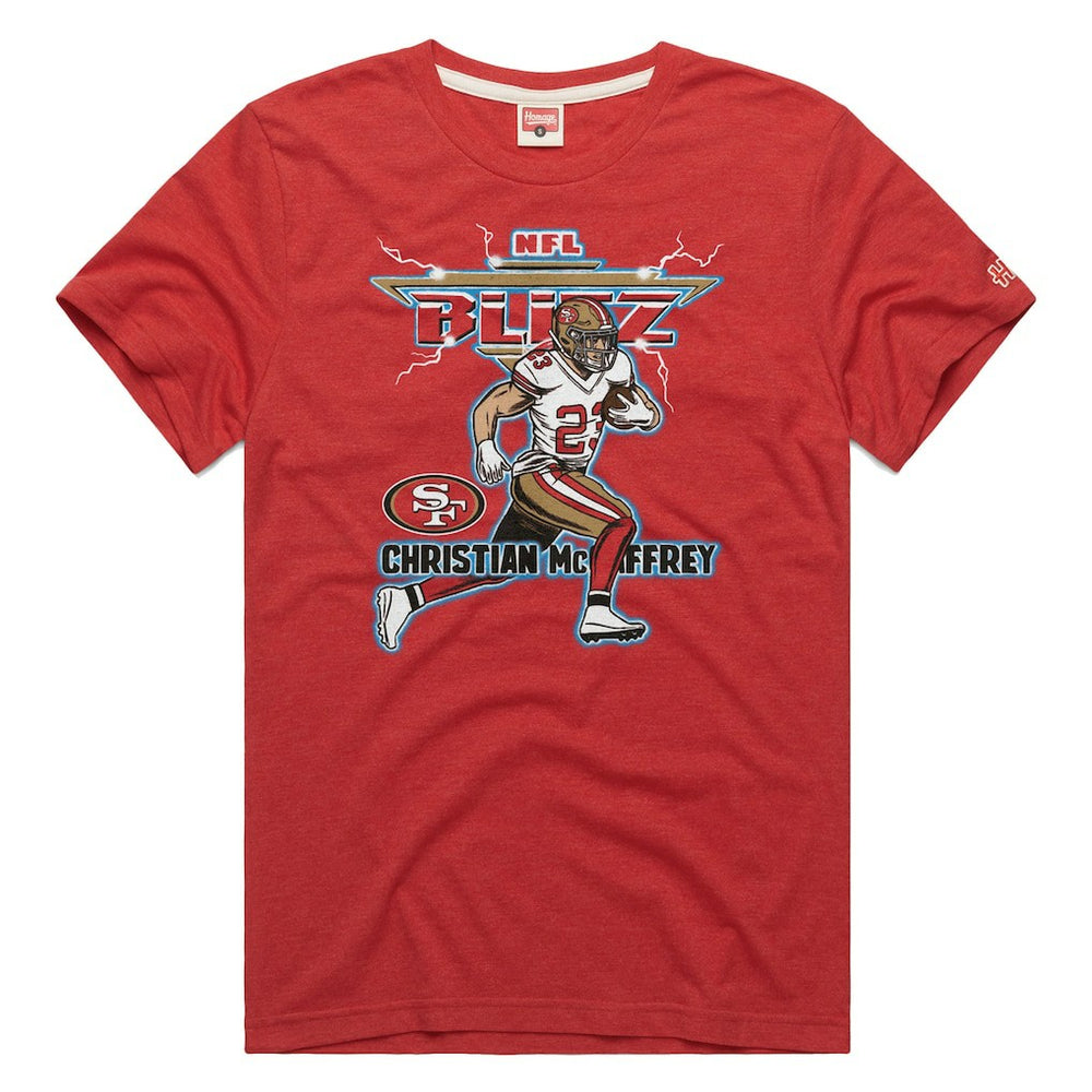 Christian McCaffrey San Francisco 49ers Homage Unisex NFL Blitz Player Tri-Blend T-Shirt Heathered Scarlet