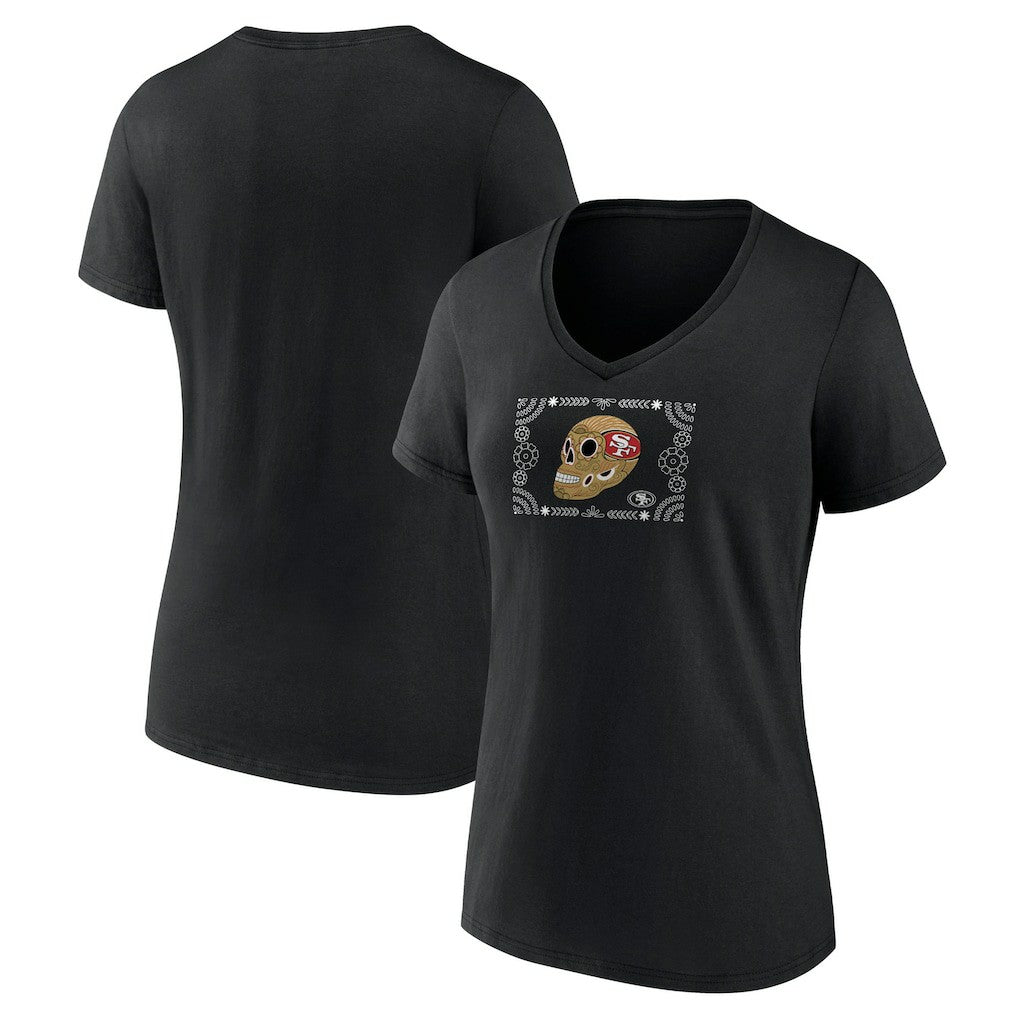 San Francisco 49ers Women's Sugar Skull V-Neck T-Shirt Black