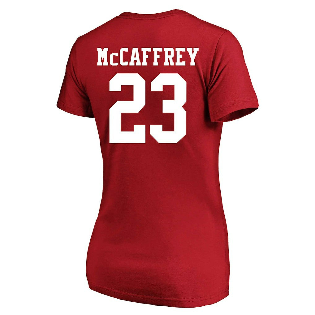 Christian McCaffrey San Francisco 49ers Women's Plus Size Fair Catch Name & Number Scoop Neck T-Shirt Scarlet
