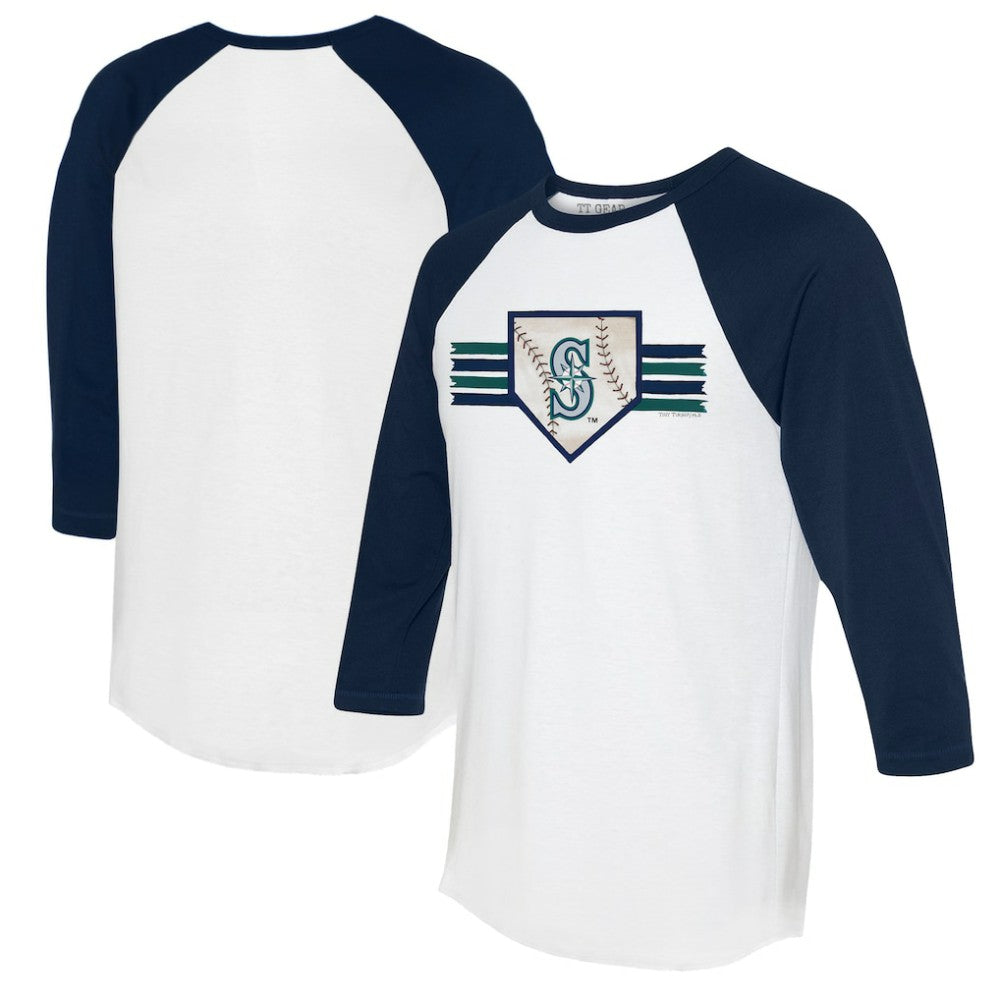 Seattle Mariners Tiny Turnip Women's Base Stripe 3/4-Sleeve Raglan T-Shirt - White/Navy T-shirts