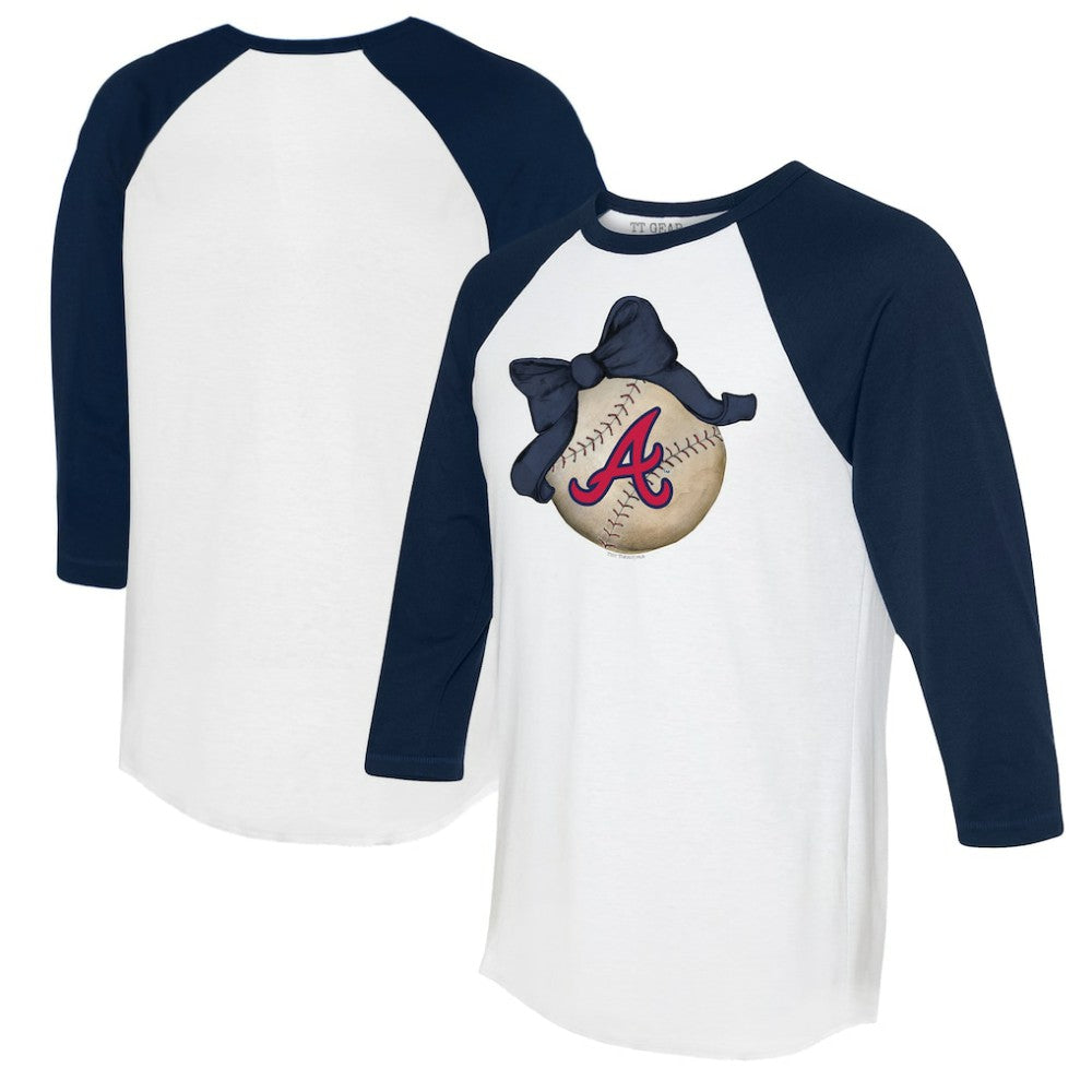 Atlanta Braves Tiny Turnip Women's Baseball Bow 3/4-Sleeve Raglan T-Shirt - White/Navy T-shirts