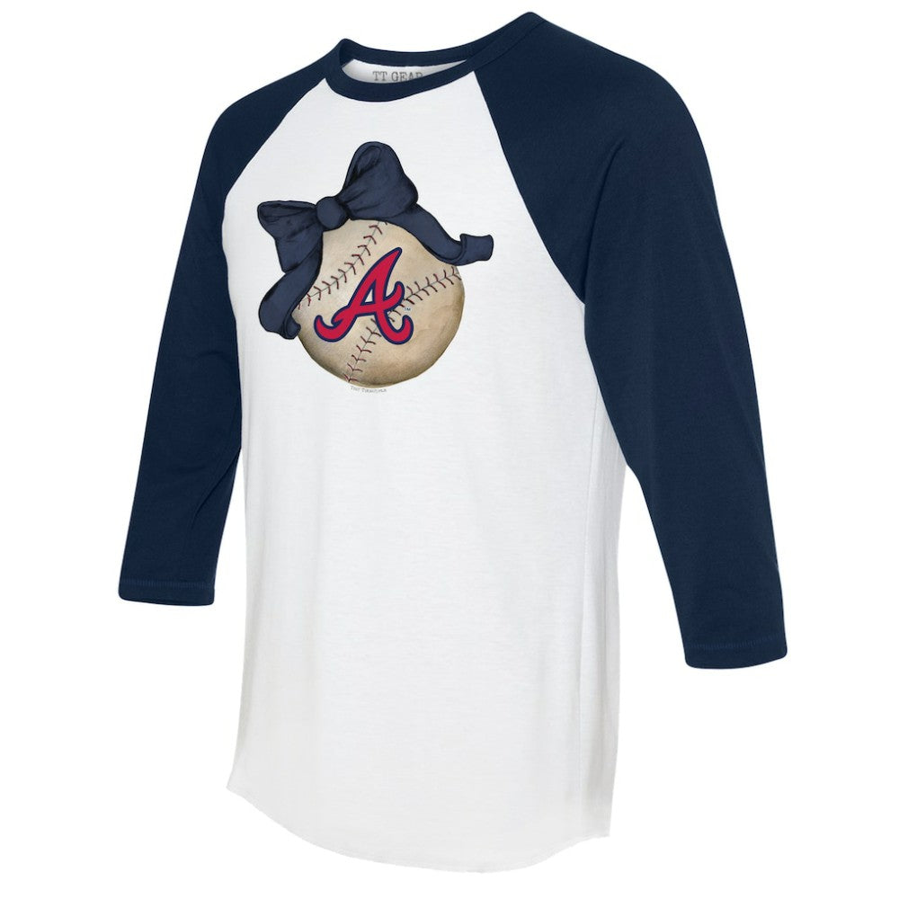 Atlanta Braves Tiny Turnip Women's Baseball Bow 3/4-Sleeve Raglan T-Shirt - White/Navy T-shirts