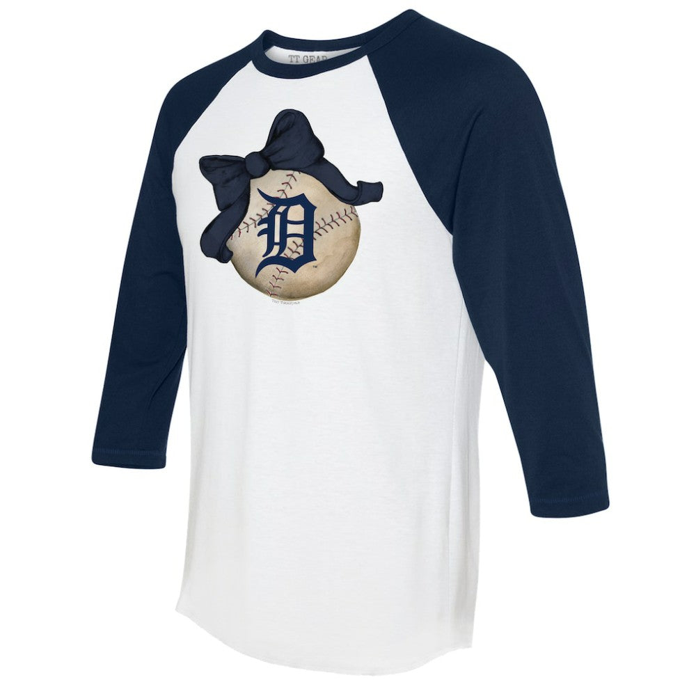 Detroit Tigers Tiny Turnip Women's Baseball Bow 3/4-Sleeve Raglan T-Shirt - White/Navy T-shirts
