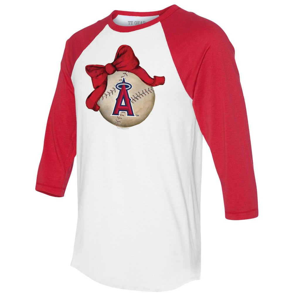 Los Angeles Angels Tiny Turnip Women's Baseball Bow 3/4-Sleeve Raglan T-Shirt - White/Red T-shirts