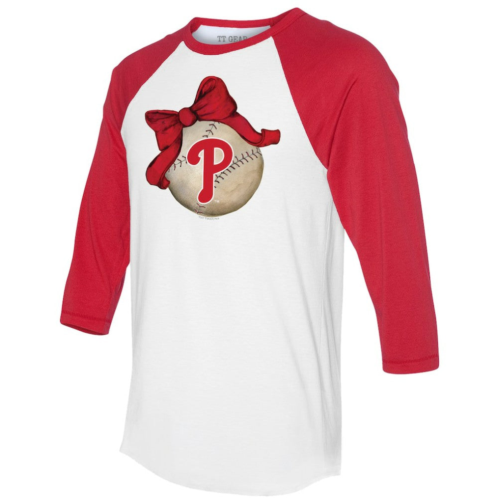 Philadelphia Phillies Tiny Turnip Women's Baseball Bow 3/4-Sleeve Raglan T-Shirt - White/Red T-shirts