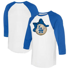 Los Angeles Dodgers Tiny Turnip Women's Baseball Bow 3/4-Sleeve Raglan T-Shirt - White/Royal T-shirts