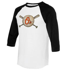 Baltimore Orioles Tiny Turnip Women's Baseball Cross Bats 3/4-Sleeve Raglan T-Shirt - White/Black T-shirts
