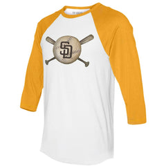 San Diego Padres Tiny Turnip Women's Baseball Cross Bats 3/4-Sleeve Raglan T-Shirt - White/Gold T-shirts