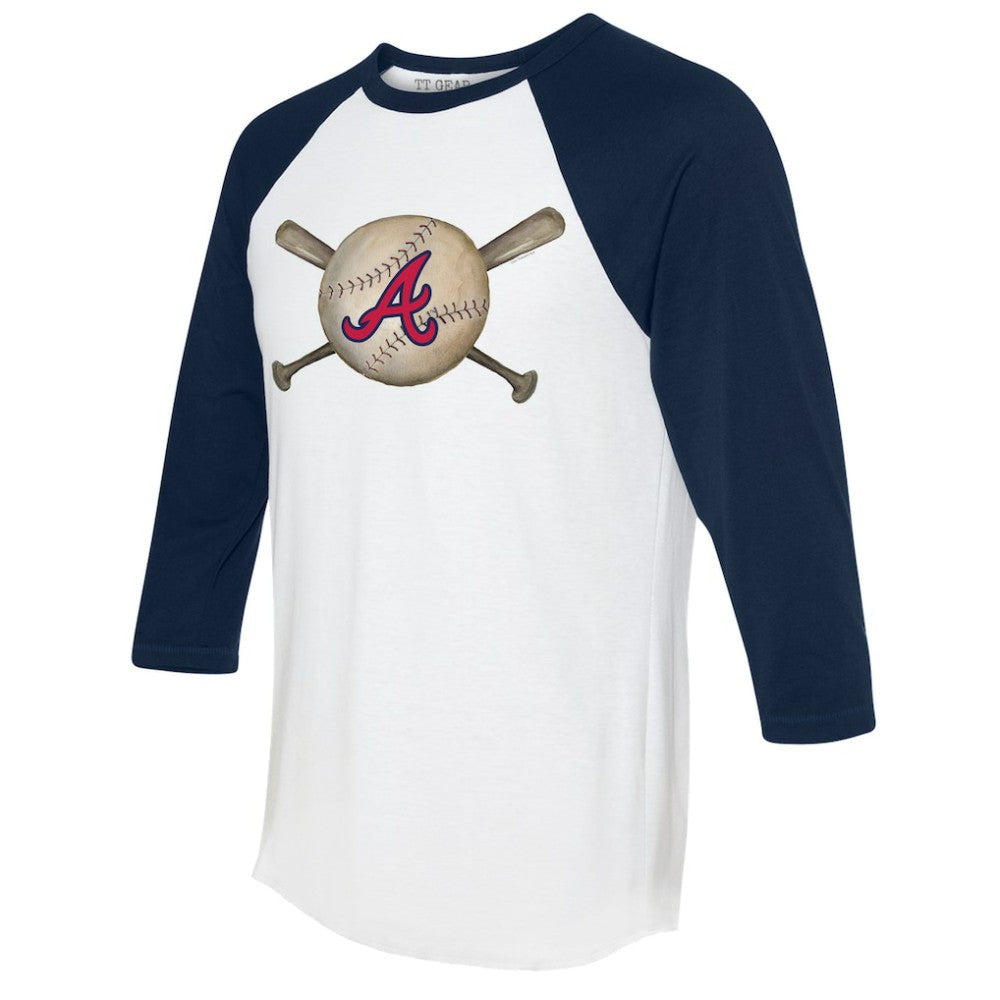 Atlanta Braves Tiny Turnip Women's Baseball Cross Bats 3/4-Sleeve Raglan T-Shirt - White/Navy T-shirts