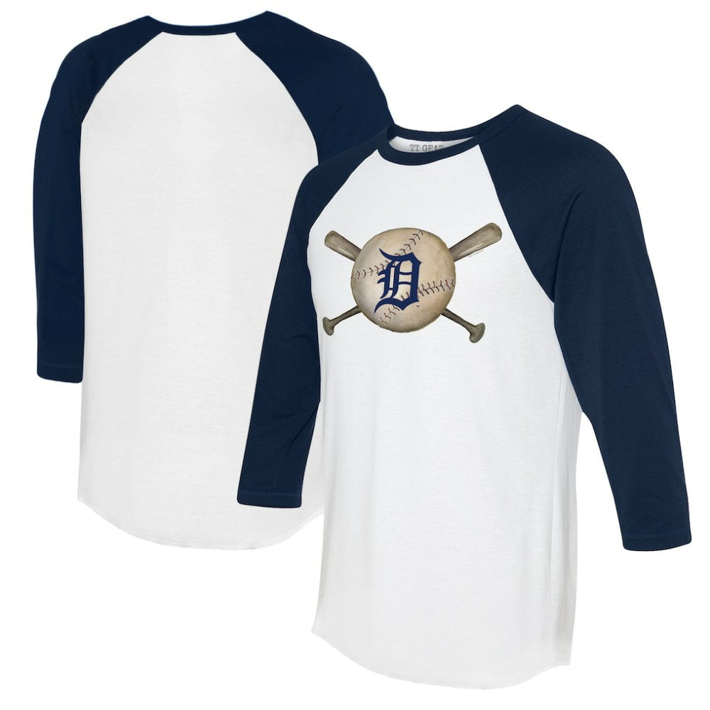 Detroit Tigers Tiny Turnip Women's Baseball Cross Bats 3/4-Sleeve Raglan T-Shirt - White/Navy T-shirts