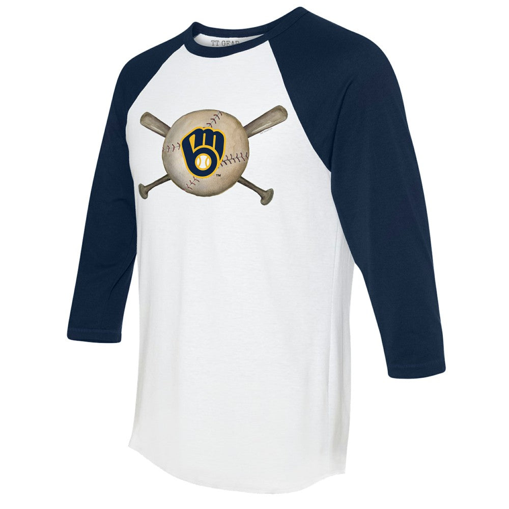 Milwaukee Brewers Tiny Turnip Women's Baseball Cross Bats 3/4-Sleeve Raglan T-Shirt - White/Navy T-shirts